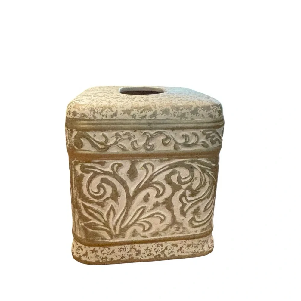 Vintage Clay Tissue Box Cover French Provincial Scrolling Leaf Cream Gold